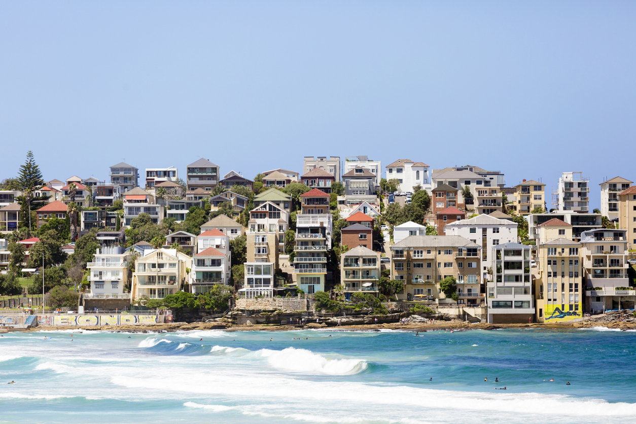 Sydney, Australia - February 6, 2016: Beautiful coastal town Bondi with houses and Pacific ocean coastline, suburb of Sydney Australia